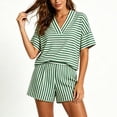 thumbnail image 3 of Cagogo Women Plus Size Striped 2 Piece Set V Neck Short Sleeve Blouse Shorts Casual Loose Boho Vacation Outfits Summer Cruise Travel Matching Lounge Clothes, Yellow M, 3 of 6