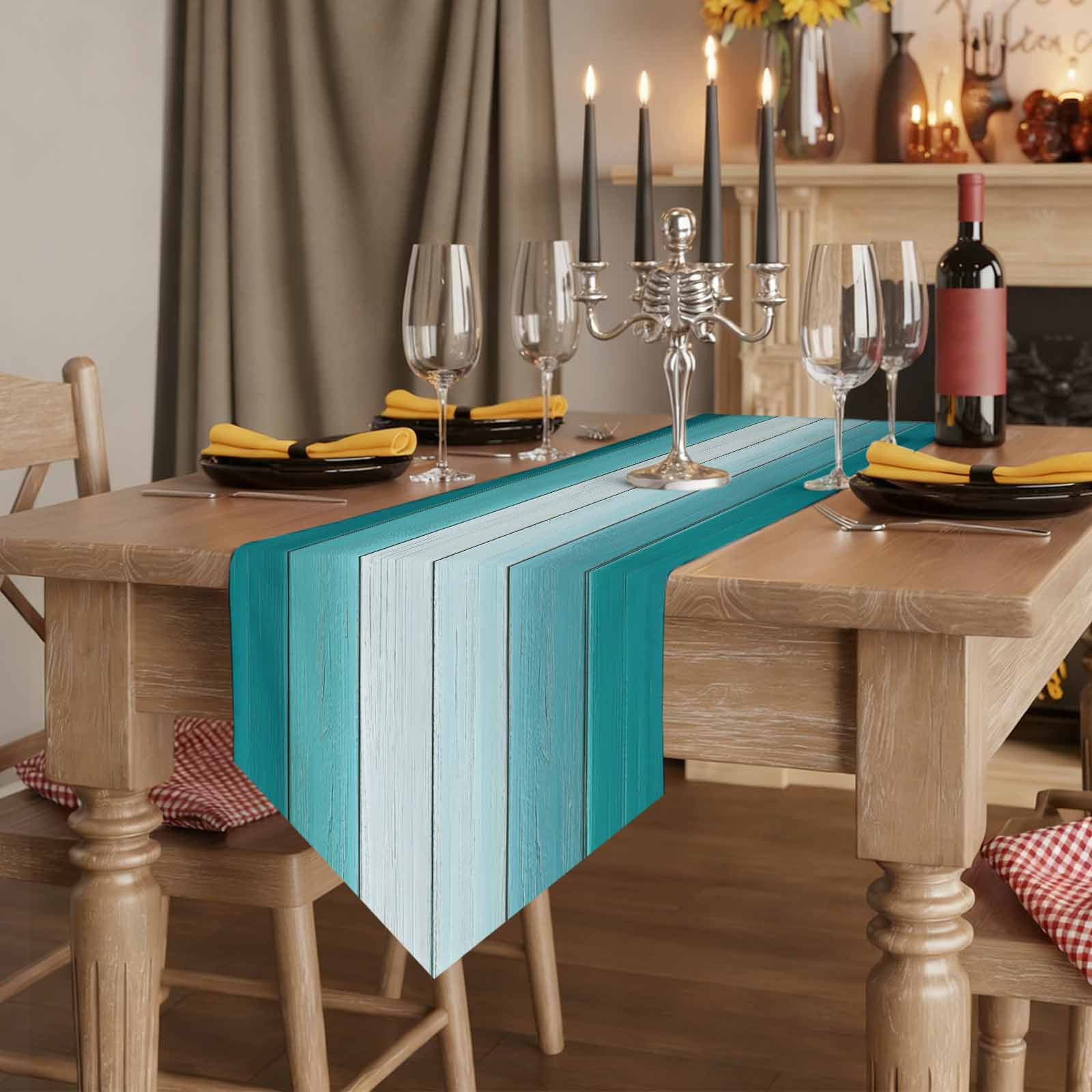 Aqua Ombre Table Runner Linen Burlap Table Runner 90 Inches Long Vintage Country Wooden Dresser Scarves for Kitchen Island Coffee Dining Room Party Wedding Banquet Holiday Decoration 13"x90"