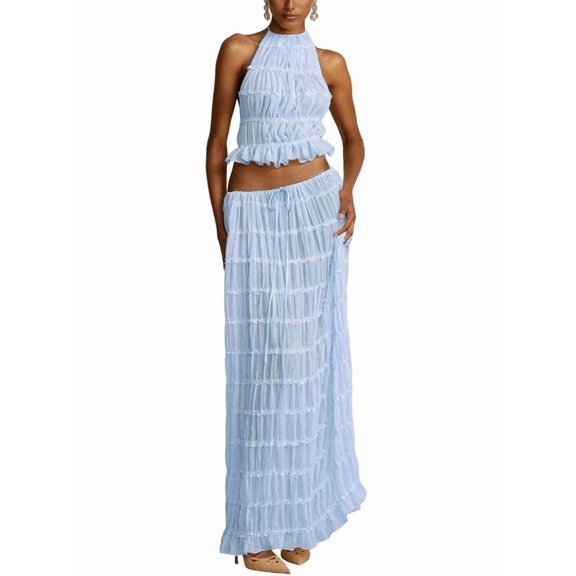 Women'S Backless Halter Neck Dress with Drawstring Chiffon Ruched Midi Skirt Two Piece Set S