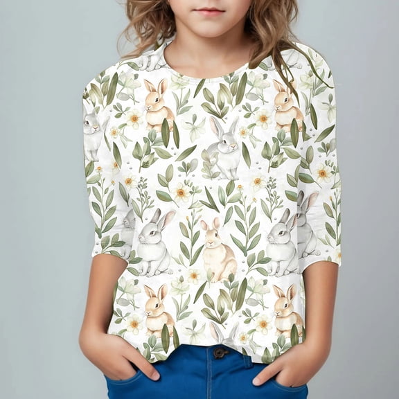 Riecok Easter Bunny Shirt Toddler Boys Girls Easter 3/4 Sleeve Tops Boys or Girls Toddler T-Shirt Cute Bunny Rabbit Graphic Tops 7 T Multicolor