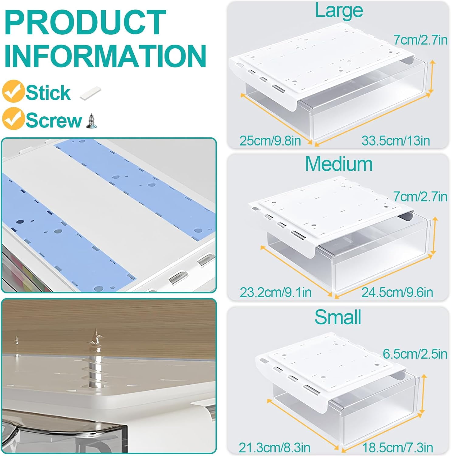 Under Desk Table Drawer Storage Organizer,3 Pack Small & Medium & Large Slide Out Desk Drawers - Hidden Desktop Organizer,Adhesive Storage Pencil Tray Under Table(Clear/LMS)