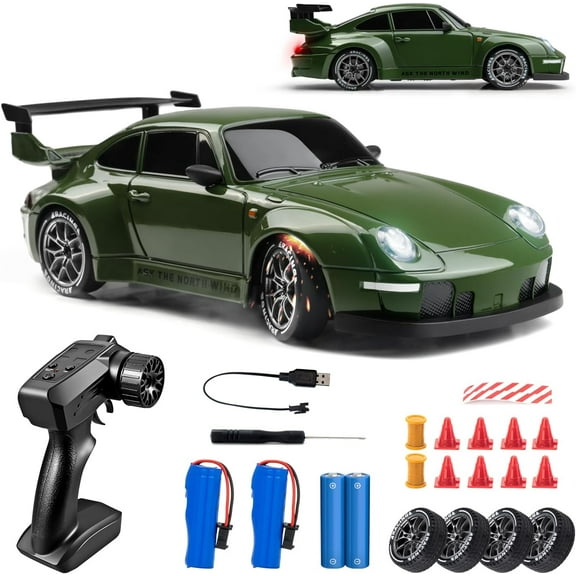 RC Drift Car, 1:24 Scale Remote Control Vehicle with LED Lights, 2.4GHz 20KM/H 4WD High Speed RC Cars, Drifting Tires＆Two Batteries, Racing Sports Toy Idea Gift for Adults Boys Girls and Kids