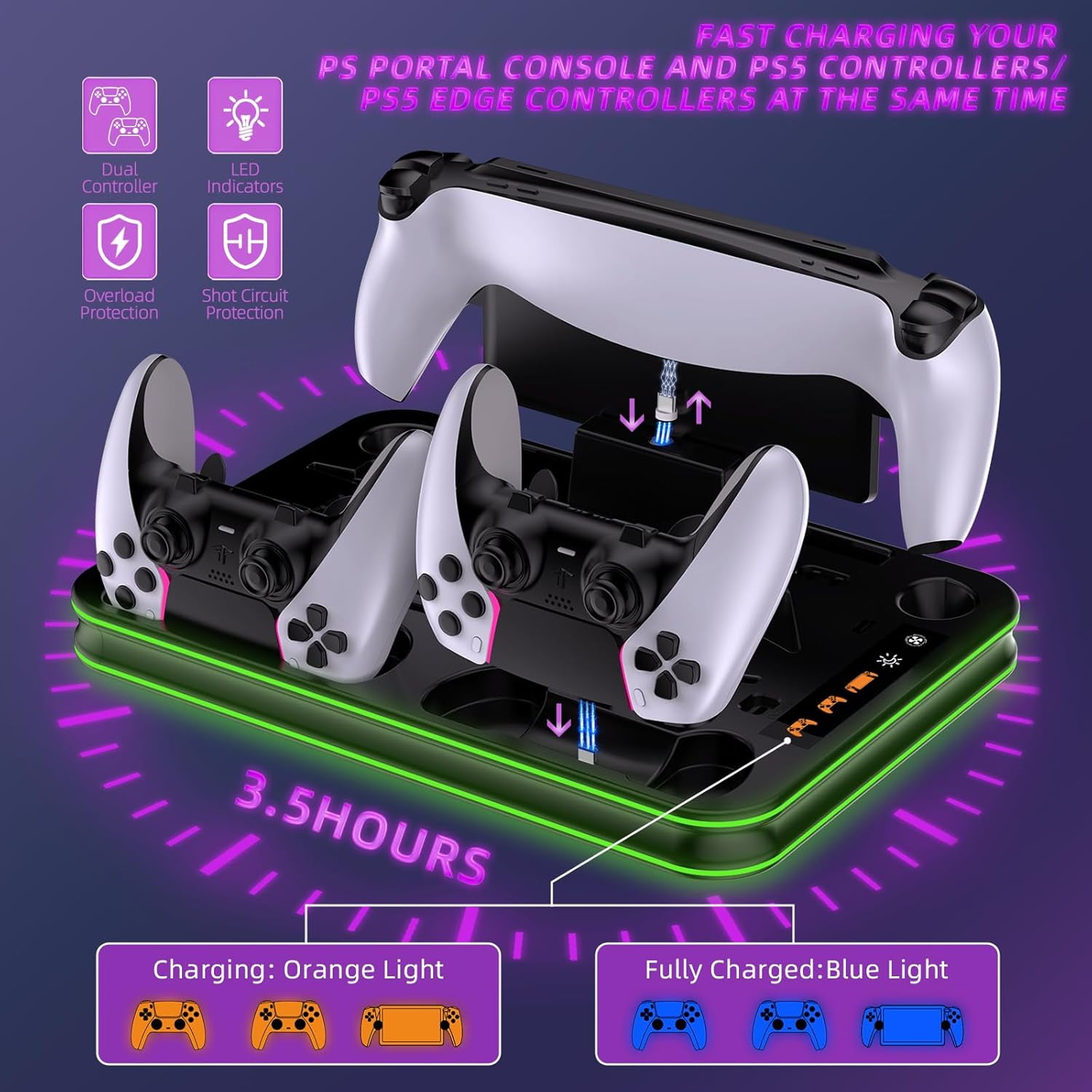 Charging Dock for PS 5 Portal,For PS5 Controller Charger Base for PS5/ Slim Stand with Cooling Station for PS5 Console Disc/Digital Edition,For PS5 /  Slim Accessories with 3 Level Cooling Fan