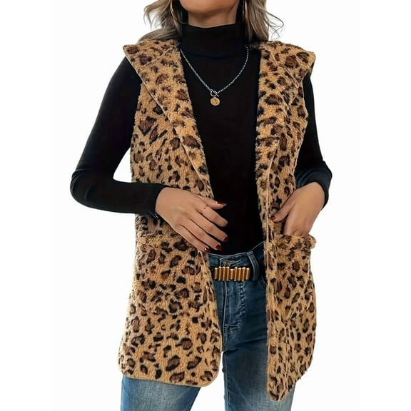 Women'S Buckleless Hooded Leopard Print Double-Sided Plush Vest Casual Fall Winter Vest with Pockets Dark Brown S