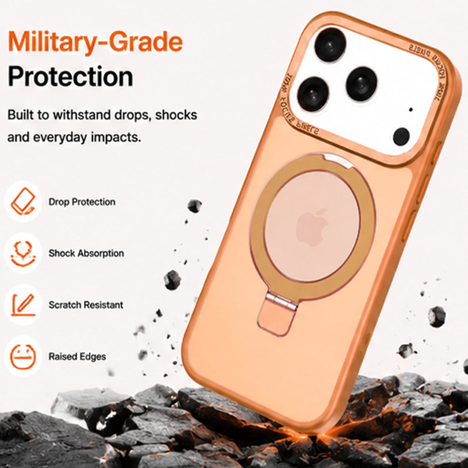 Rugged Carbon Fiber Protective Case with Ring Holder for iPhone 17 Pro Max - Orange