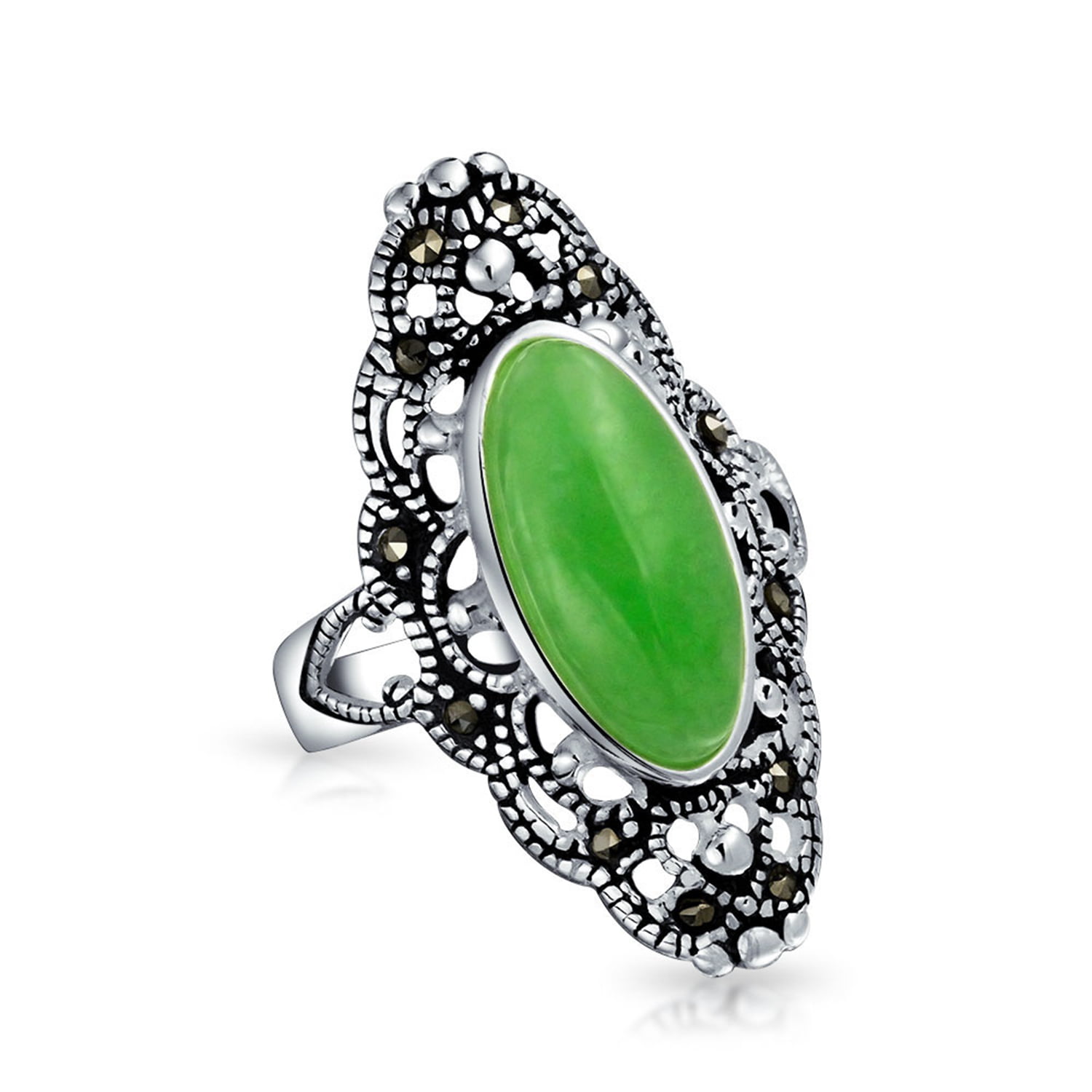 925 Sterling Silver Art Nouveau Green Jade & Marcasite Statement Ring 