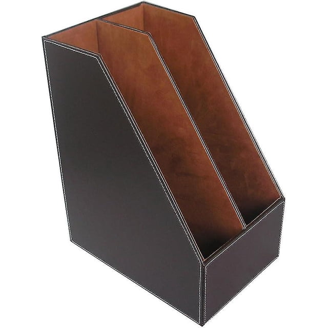 Revistero de alambre de metal chapado y piel sintética de primera calidad, soporte vertical de 2 ranuras para revistas, libros y periódicos (marrón)