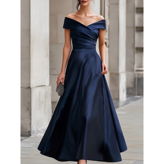 Women's Navy Blue Off Shoulder Satin Maxi Gown Twisted Front A Line Formal Dress