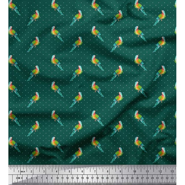 Soimoi Silk Fabric Dot & Parrot Bird Print Sewing Fabric Yard 42 Inch Wide