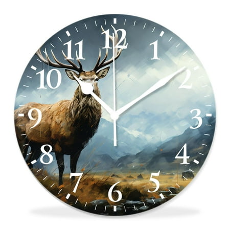 12 Inch Wall Clock Battery Operated Silent Clock Decorative for Office, Kitchen, Outdoor, Living Room,Whitetail Deer Fawn in Wilderness Countryside Lovely Drawing