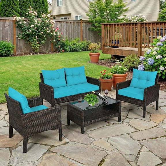 Barara King Outdoor Collection Set, Patio Conversation Table Chair Set, 4 Pieces Outdoor Rattan Wicker Loveseat Furniture Set with Cushions-Turquoise