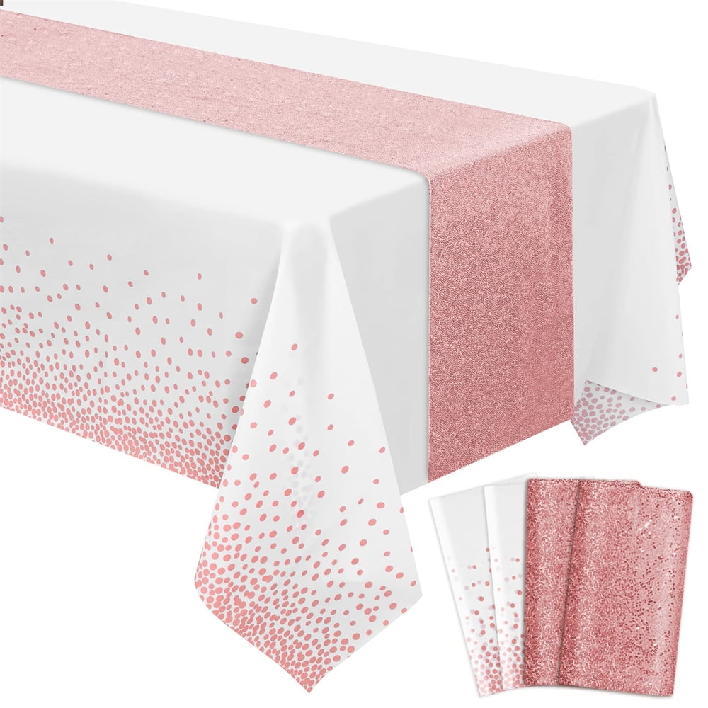 Pesonlook 4 Pcs Rose Gold Sequins Table Runner Plastic Tablecloth Set