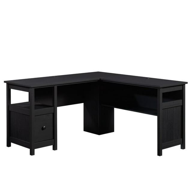 Sauder Dawson Trail L-Desk in Raven Oak finish featuring an L-shape design, two box drawers, and open shelving for office organization.