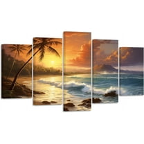 ZHONGYUTONG Sunset Beach Wall Art 5 Pieces Ocean Waves with Palm Trees Pictures Canvas Prints Seascape Paintings Modern Artwork for Lving Room Office Framed (8"x14"x2 8"x18"x2 8"x22"x1)