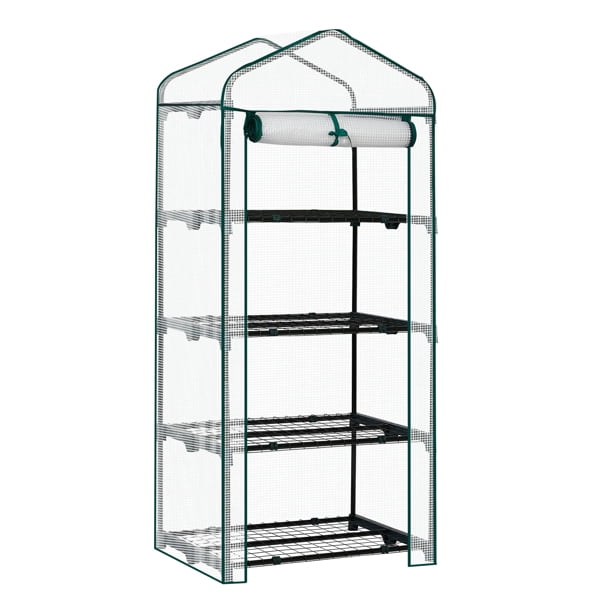 4 Tier Mini Greenhouse with PE Cover & Roll-Up Zipper Door, Portable Waterproof Greenhouse for Garden Backyard, 27" x 19" x 62", White