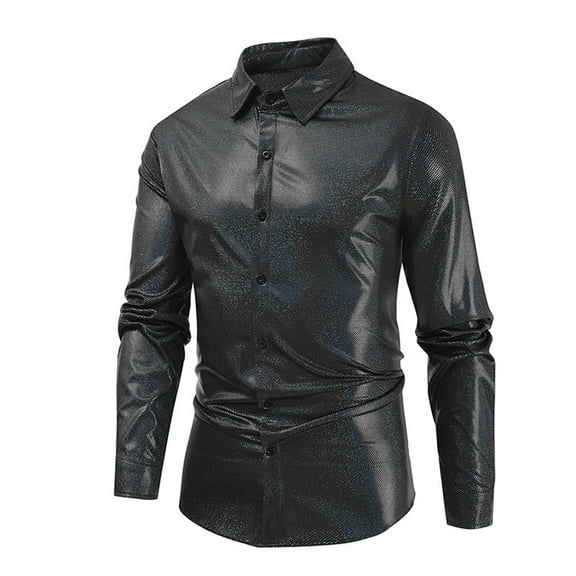 Aueoeo Men's Sequin Dress Shirt Fashion Costume Sparkles Party Long Sleeve Button -Down Shirts Oversize Tops Black L