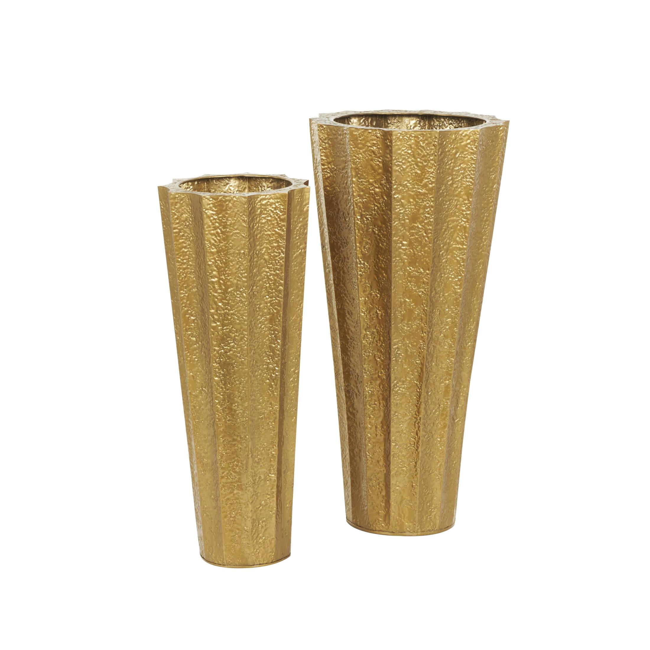 DecMode 33", 30"H Tall Textured Hammered Floor Gold Metal Vase, Set of 2