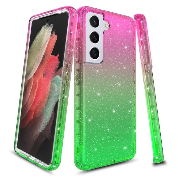 Samsung Galaxy S21 5G Case, Rosebono Hybrid Bling Glitter Sparkle Green Red Gradient Transparent Fashion Cute Colorful TPU Skin Cover Case for Samsung Galaxy S21 5G