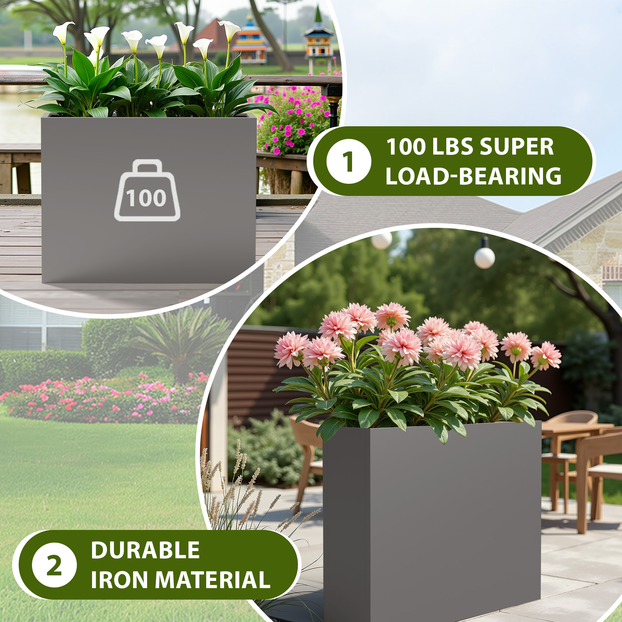 MAYEERTY 36*28*28" Gray Modern Metal Rect Planter with Drainage Hole for Outdoor Gardening & Patio