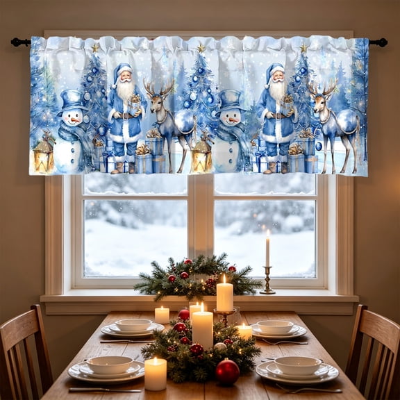 Christmas Window Valance, Festive Short Curtain with Snowman Tree Print, Kitchen Living Room Decor