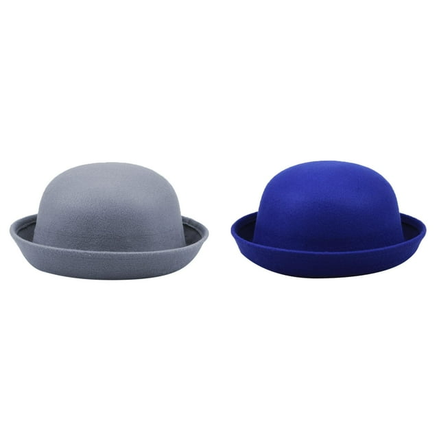 Lot de 2 (Bleu 1 Pcs et Gris 1 Pcs) Multipack Chapeau Élégant pour Adultes Uni Chapeau d'Extérieur Bord Roulé Panama Melon Bob Chapeau Hommes Femmes Classique Laine Rond Chapeaux Melon Casquette