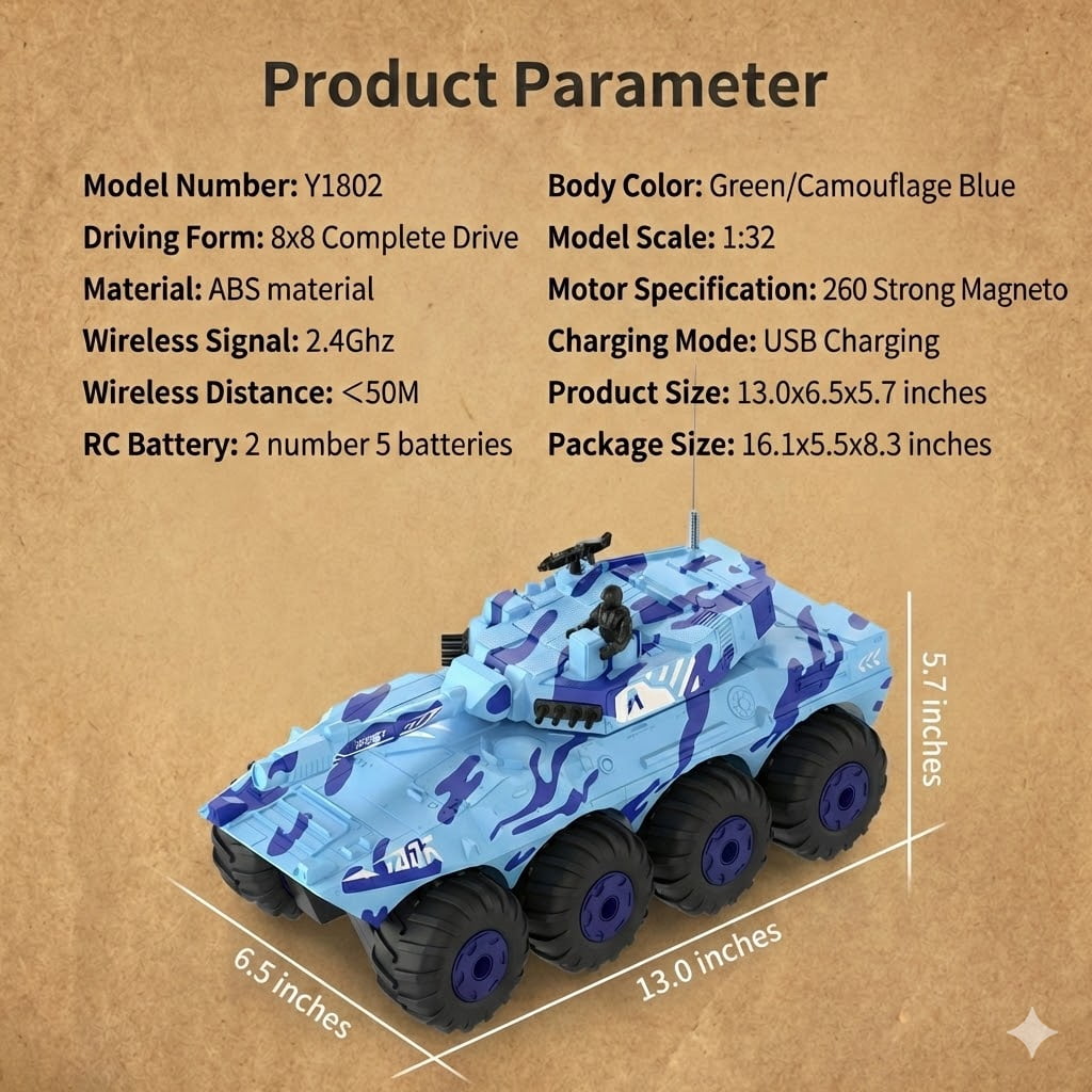 1/32 Scale 8-Wheel Drive Remote Control Amphibious Tank, Waterproof All-Terrain Stunt Car, Blue Camouflage Toy for Ages 6+