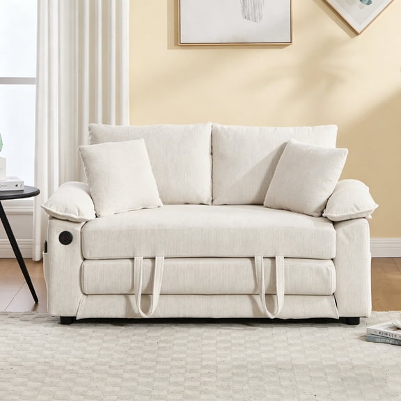58 inch 3-in-1 Upholstered Futon Convertible Sofa Couch with Power Outlet, Foldable Tufted Loveseat Mattresses with Pull Out Sleeper Couch Bed and Side Pockets for Living Room, Apartment, Cream White