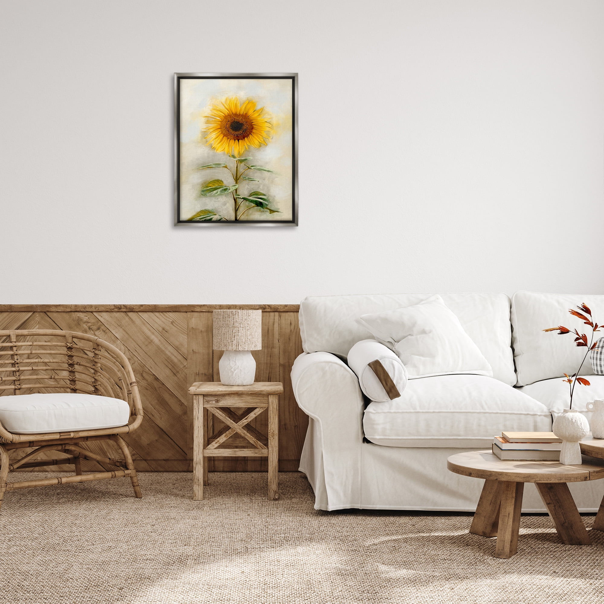 Stupell Industries Sunflower Summer Bloom Botanical & Floral Painting Gray Floater Framed Canvas Art Print Wall Art, 25 x 31