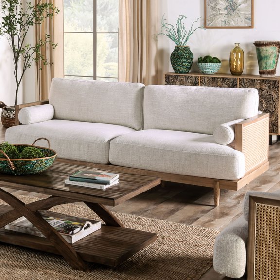 Furniture of America Indingham Beige Fabric Cushioned and Wood Light Oak Sofa