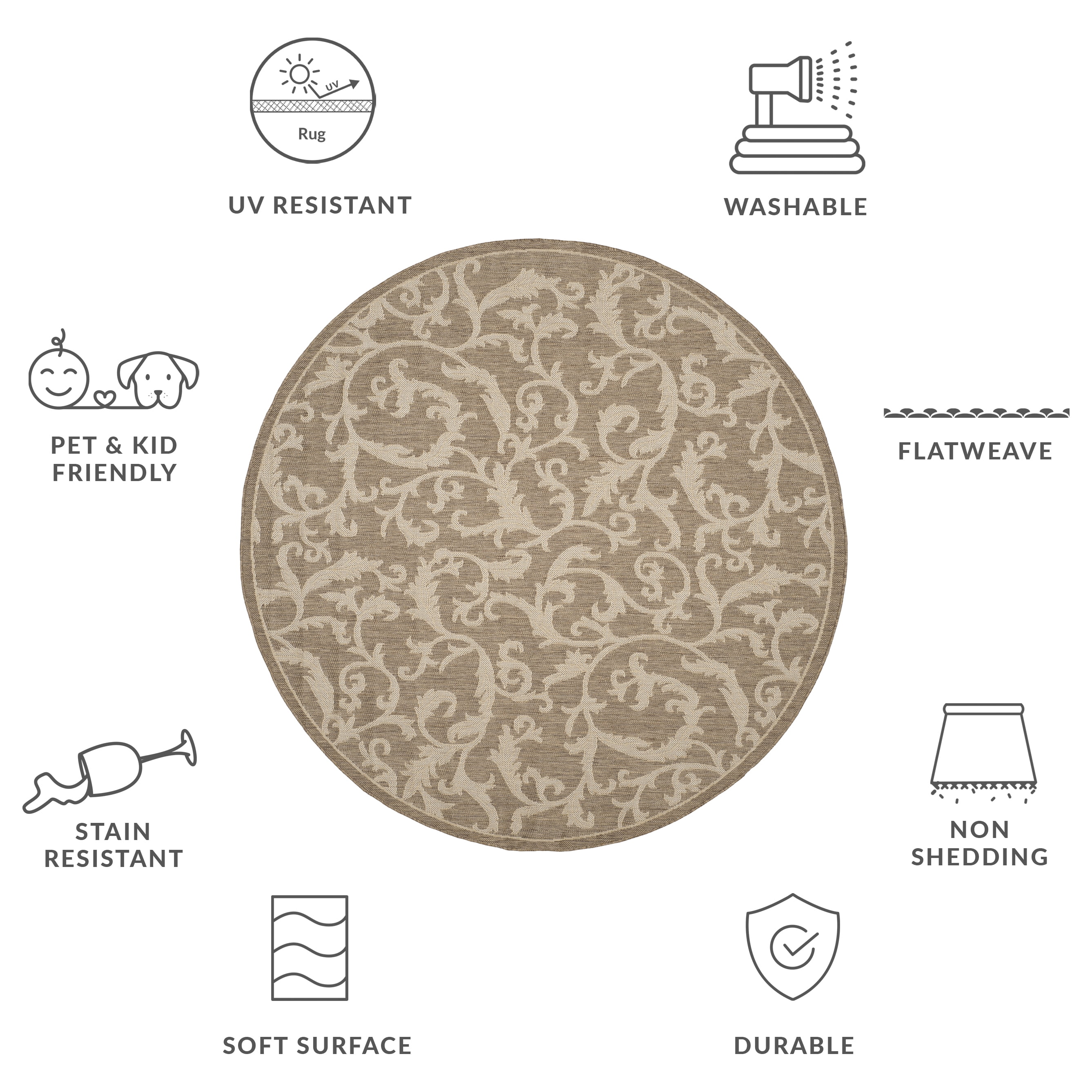 Safavieh Courtyard Kevin Floral Indoor/Outdoor Area Rug, Brown/Natural, 6'7" x 6'7" Round