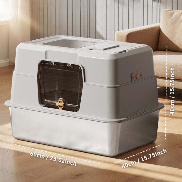 imerelez Grey L10 Half-Enclosed Stainless Steel Cat Litter Box, Thickened Scratch/Leak Proof, ABS Anti-Slip Base, Open Top Airflow, Easy Clean Non-Stick, Odorless, 3.94 inch High Basin for All Cats