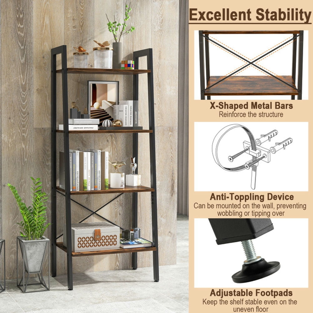 Demi Bonn 4-Tier Bookshelf with Metal Frame and Adjustable Foot Pads, Display Rack for Plants and Books, Brown
