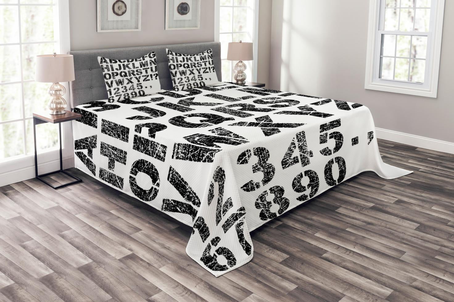 Letters Bedspread Set Queen Size, Alphabet Concept Grunge Stencil