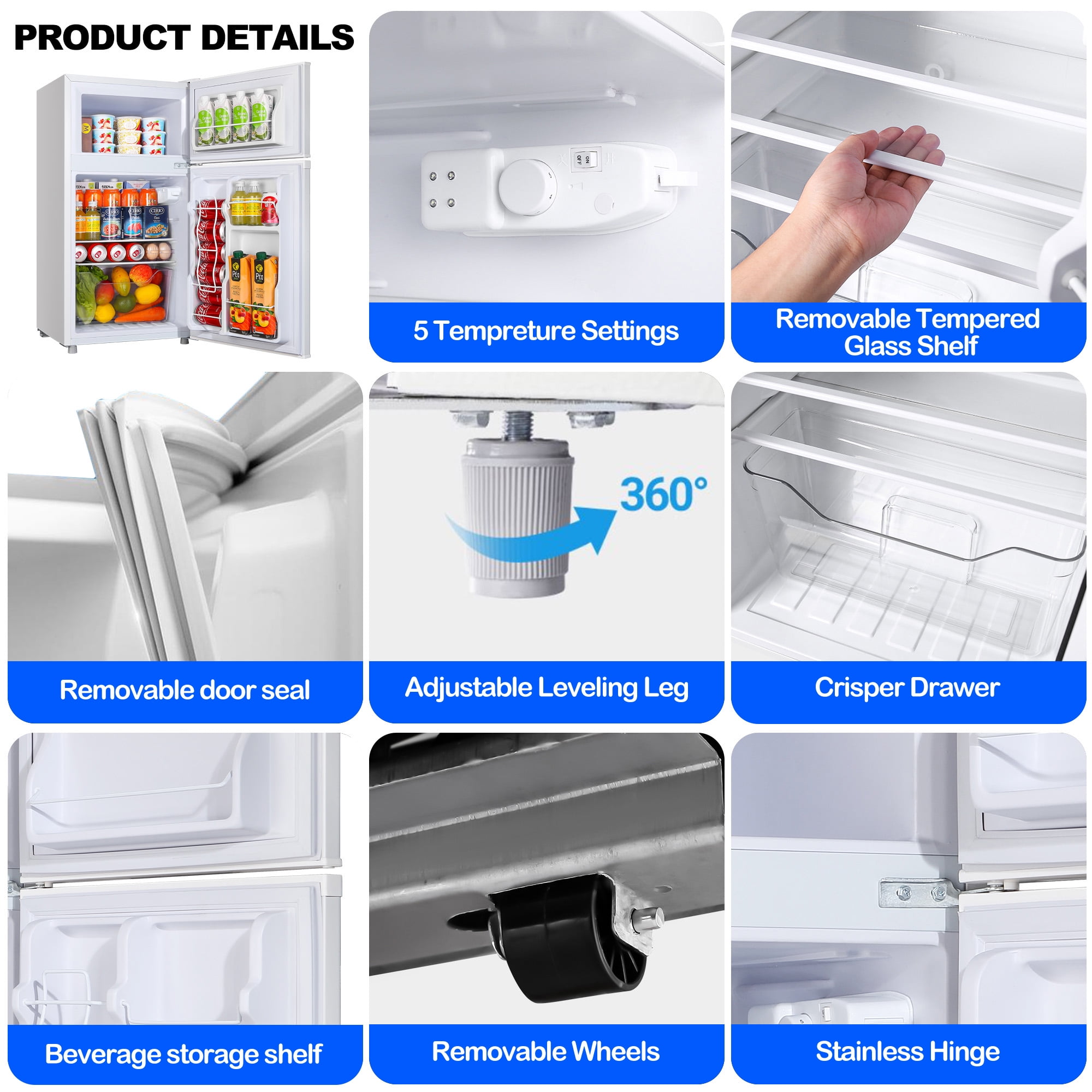 WANAI 3.5 Cu ft Two Door Mini Refrigerator,2 in 1 Mini Fridge with Freezer, 7-Level Temperature Adjustment,with  LED lights,White,for  Dorm/bedroom/office/apartment