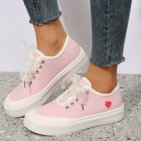 

Cathalem Womens Shoes for Summer Ladies Fashion Solid Color Leather Love Decorative Lace Up Comfortable Women Winter Shoes Casual Pink 7.5
