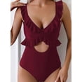 thumbnail image 4 of One Piece Swimsuit for Women Tummy Control Ruffle Bathing Suit V Neck Ruched Slimming Cutout Swimwear Wine Red M, 4 of 7