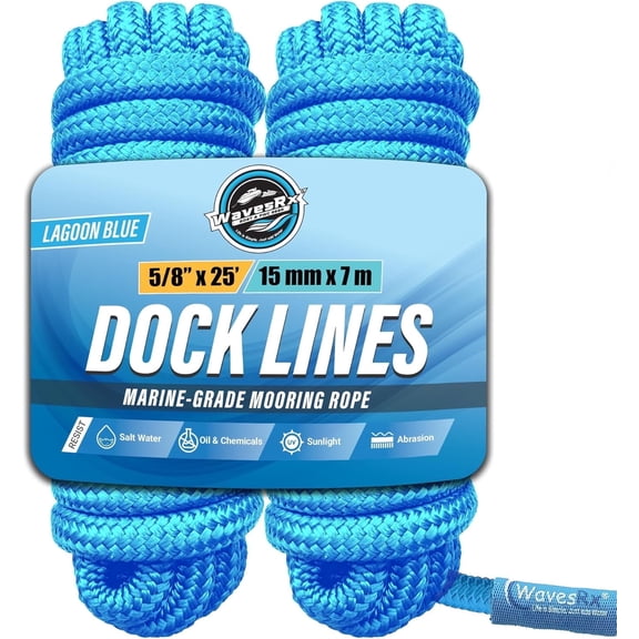 WAVESRX 5/8” x 25’ (2PK) High-Performance Dock Lines for Large Boats up to 45ft | Premium Mooring & Docking Rope