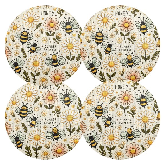 Ryvnso Bee Honey and Daisy Flowers Round Plate Mats Dining Table Placemat Set of 4 for Holiday Decoration