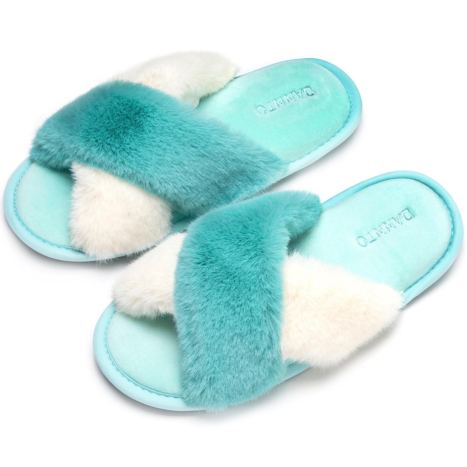 DANNTO Women's Slippers Cross Band Soft Plush Furry Open Toe House