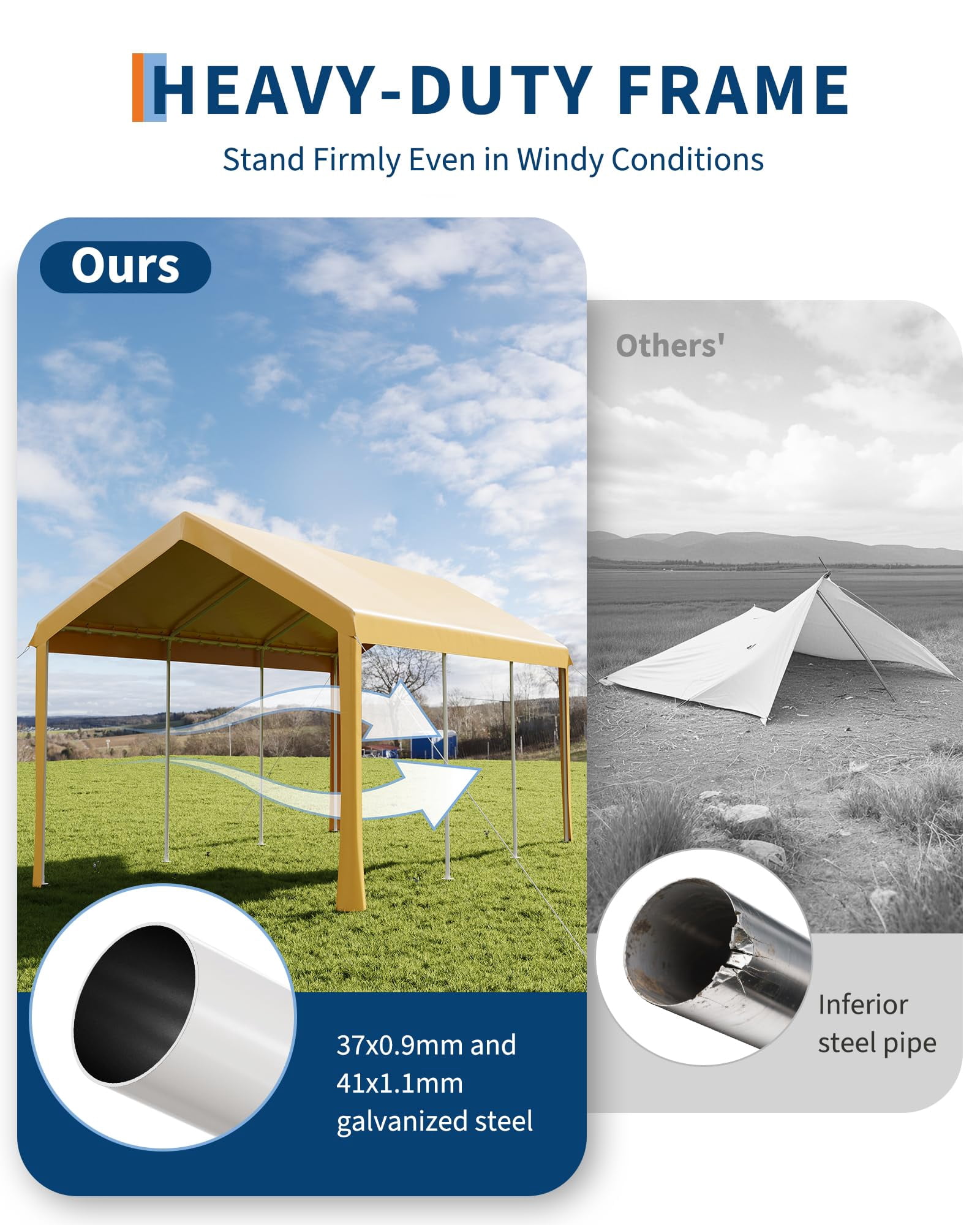 10X20 FT Carport Canopy, Portable Car Tent Garage with Roll-Up Door, All-Season Tarp Cover, Removable Side Walls, Outdoor Storage Shed,Yellow