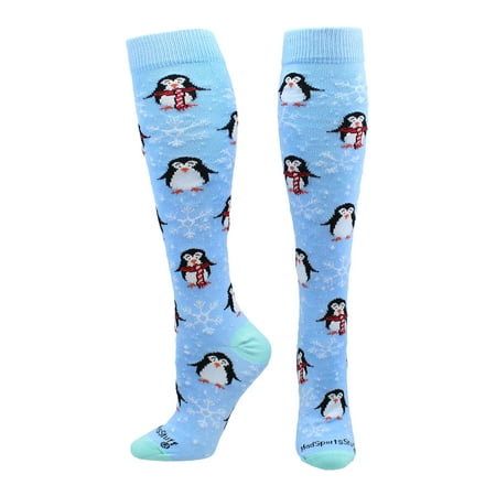 Snow Penguin Christmas Socks Over the Calf (Sky Blue, Large) - Sky Blue,Large