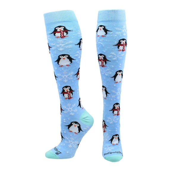 Snow Penguin Christmas Socks Over the Calf (Sky Blue, Large)