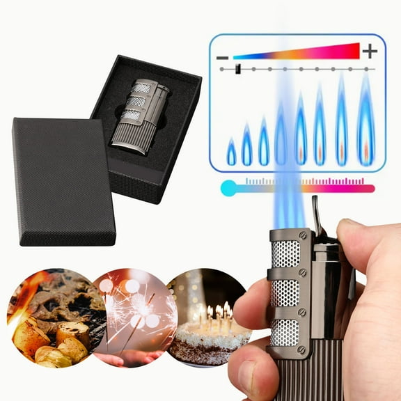 Triple Jet Flame Torch Lighter, Outdoor Windproof Adjustable Flame Multifuctional Cigar Lighter, Refillable Butane Lighter with Gift Box for Lighting Fireplaces Candles (Butane Not Included)