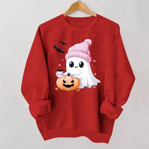 Trikvn Women's Halloween Sweatshirts Cute Ghost Pumpkin Graphic Pullover Tops Casual Long Sleeve Crewneck Fall Clothes Loose Fit Novelty Holiday Party Shirts