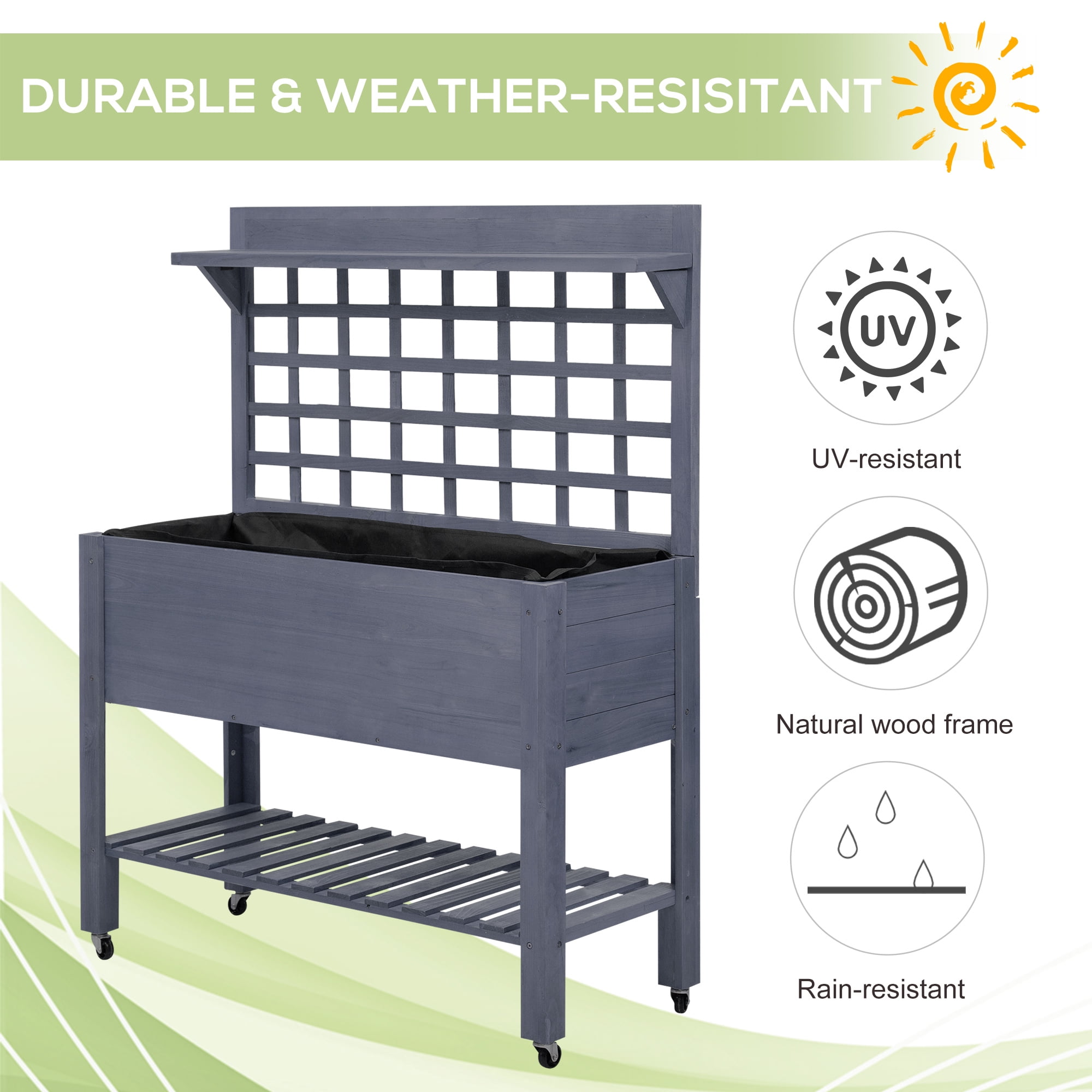 AsterOutdoor 41" Raised Garden Bed with Trellis on Wheels, Wooden Elevated Planter Box with Legs & Liner for Flowers, Herbs & Vegetables, Gray