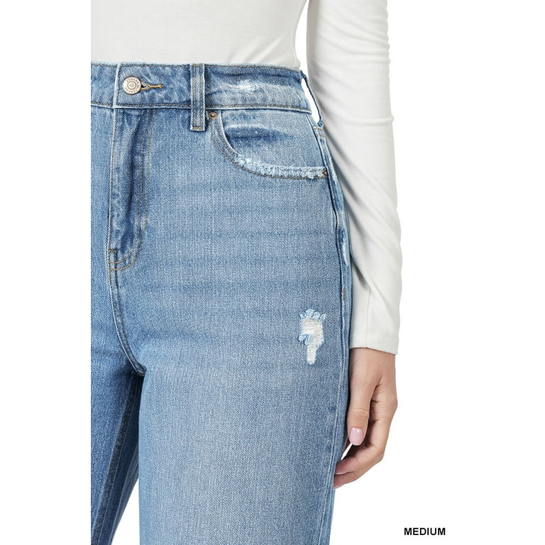 Zenana Women's High Rise Destroyed Raw Hem Straight Leg
