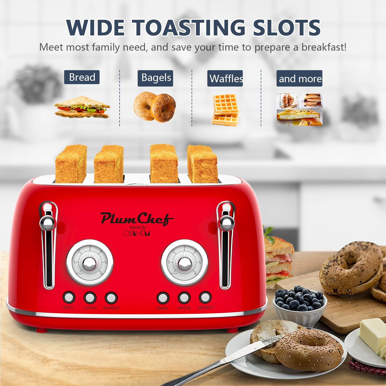 4 Slice Retro Style Toaster, Dual Control Toaster with Warming Rack, 6 Browning  Settings, Bagel/Defrost Functions, Removable Crumb Tray, Stainless Steel Housing 1650W, Red