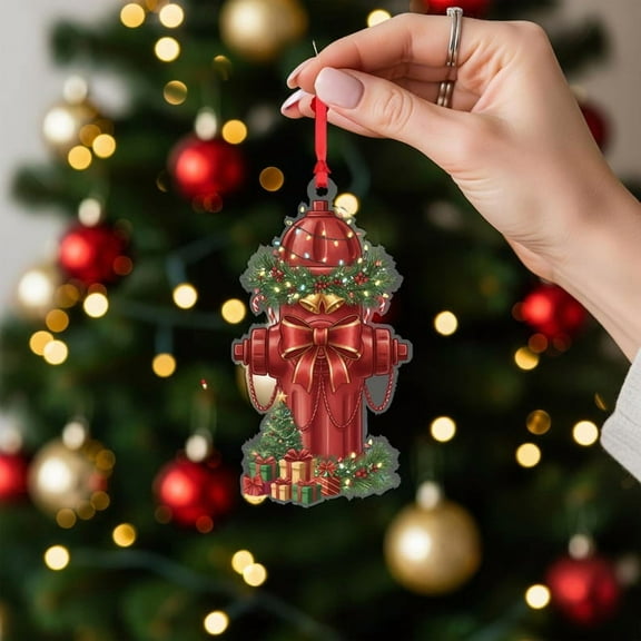 ViciArt Fire Hydrant Christmas Ornament, Holiday Decor with Wreath & Gifts, Acrylic/Fiber Wood