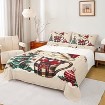 Manfei Christmas Hot Coffee Full Size Sheets for Child, Cartoon Xmas Tree Bed Sheets, Santa Claus Hat Sheet Sets, Microfiber Bedroom Decor, 4-Piece
