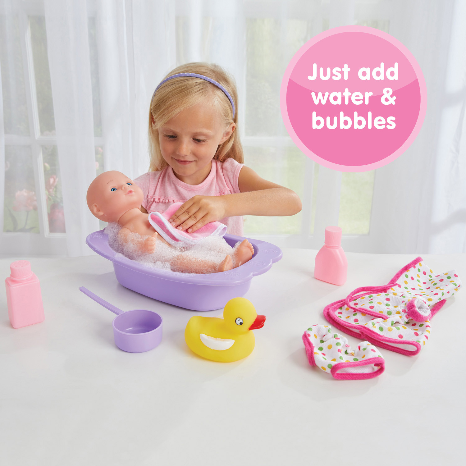 Kidoozie Bathtime Baby, 12-Inch Doll, Bath tub and Accessories for Kids, Pretend Play, Ages 3 and up